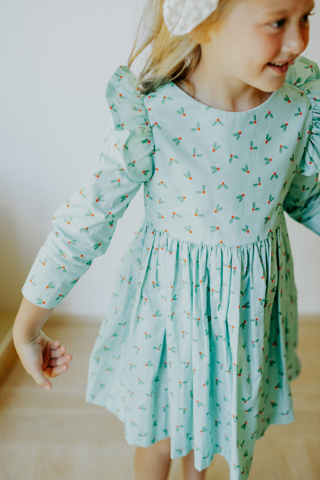 little girls turquoise blue holly print christmas dress