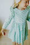 little girls turquoise blue holly print christmas dress