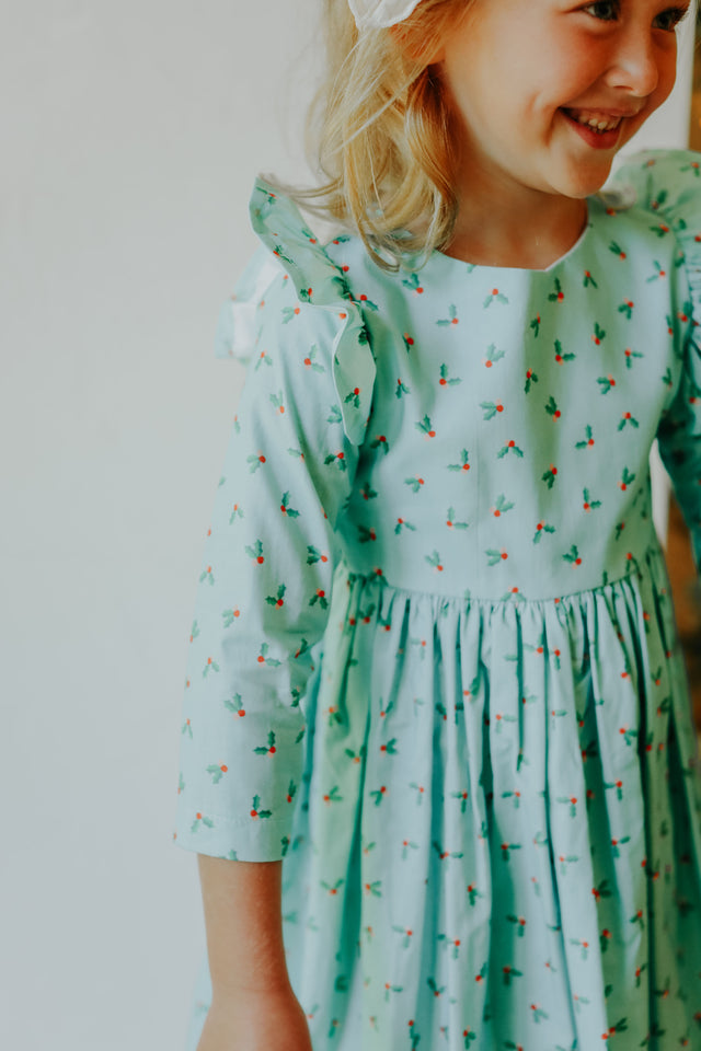 little girls turquoise blue holly print christmas dress