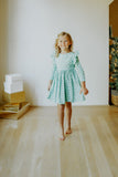 little girls turquoise blue holly print christmas dress