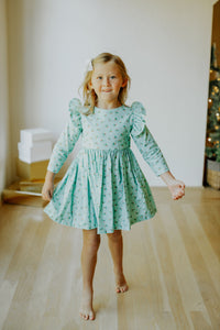 little girls turquoise blue holly print christmas dress