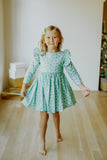 little girls turquoise blue holly print christmas dress