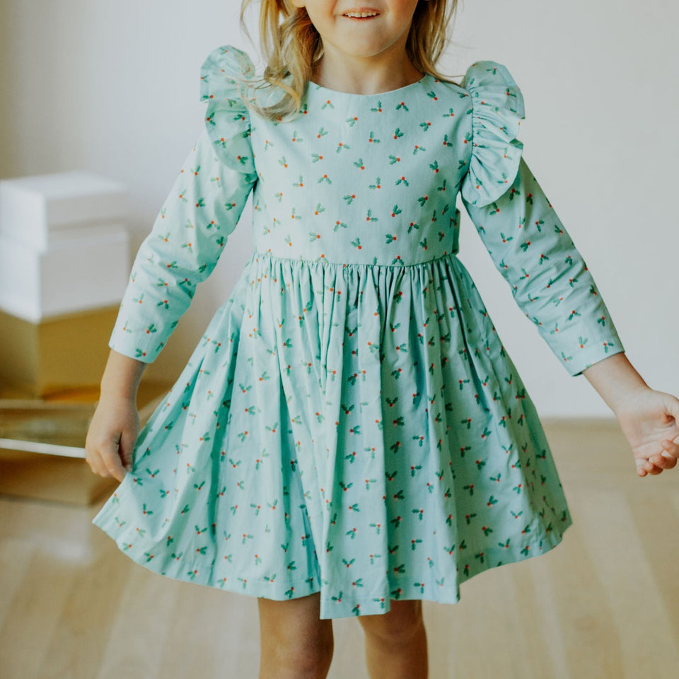 little girls turquoise blue holly print christmas dress