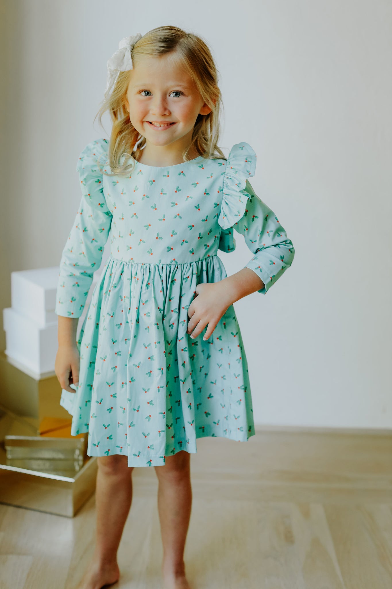 Little Girls Turquoise Blue Holly Print Christmas Dress – cuteheads