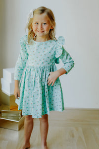 little girls turquoise blue holly print christmas dress