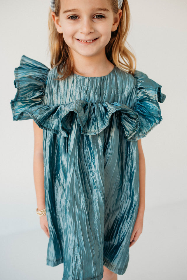 Little Girl's Shimmery Turquoise Ruffle Collar Shift Dress