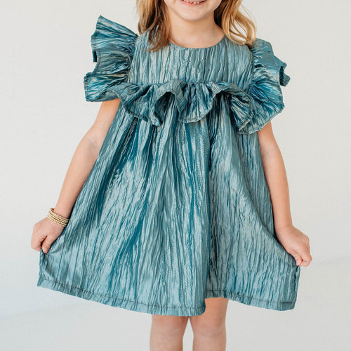 Little Girl's Shimmery Turquoise Ruffle Collar Shift Dress