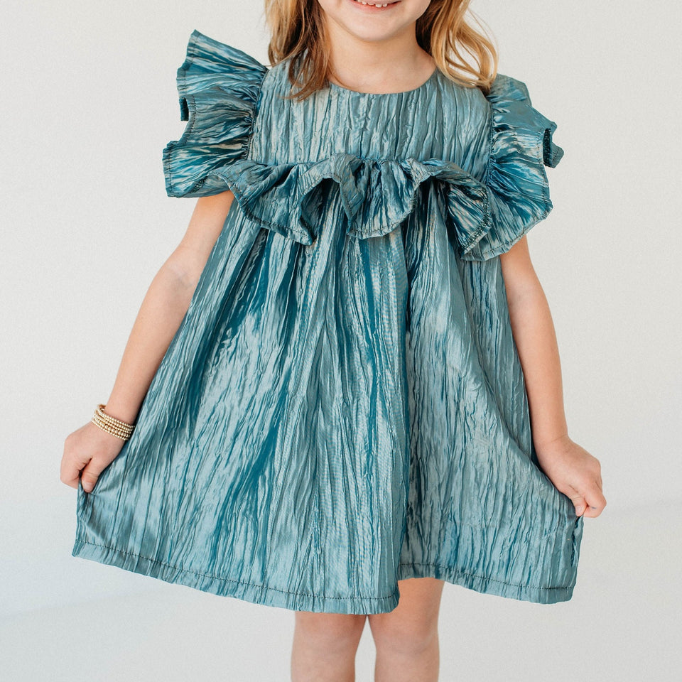 Little Girl's Shimmery Turquoise Ruffle Collar Shift Dress