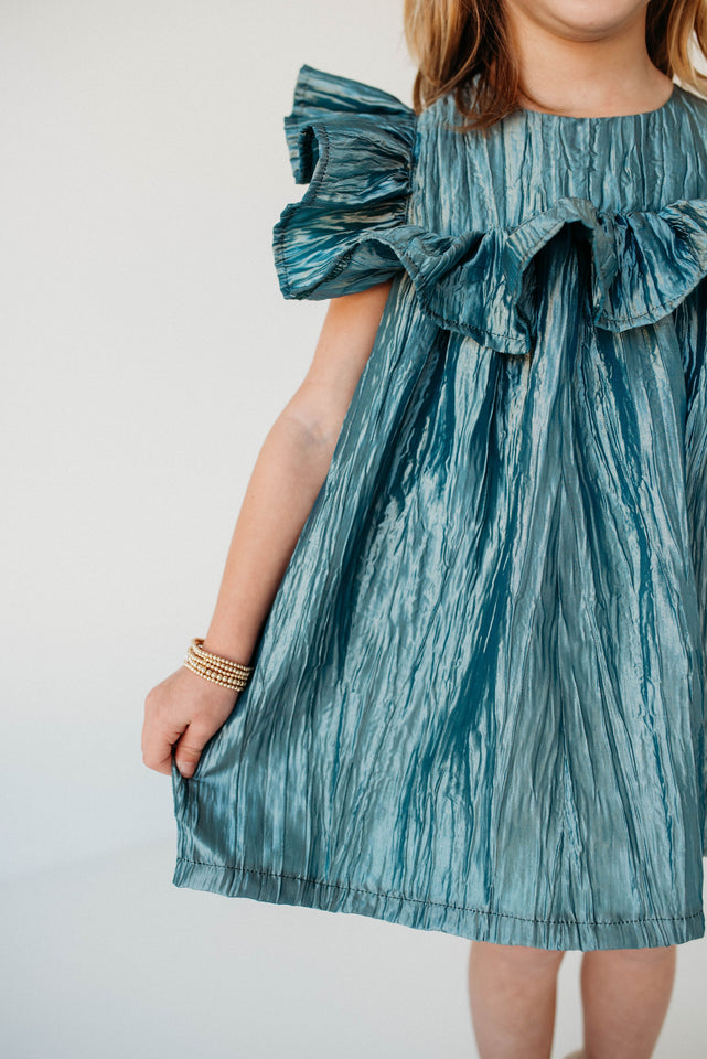 Little Girl's Shimmery Turquoise Ruffle Collar Shift Dress