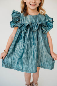 Little Girl's Shimmery Turquoise Ruffle Collar Shift Dress