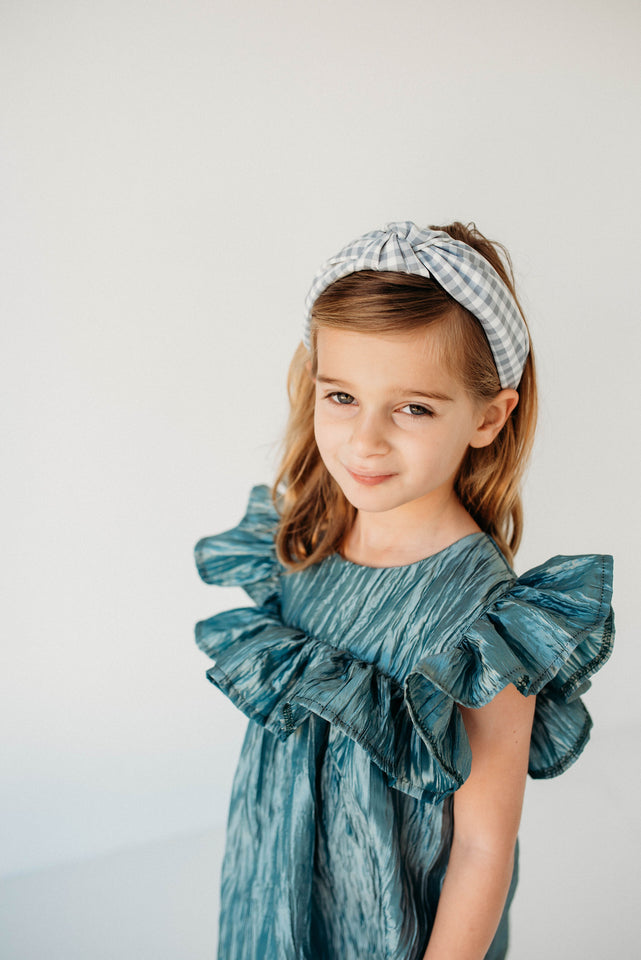 Little Girl's Shimmery Turquoise Ruffle Collar Shift Dress