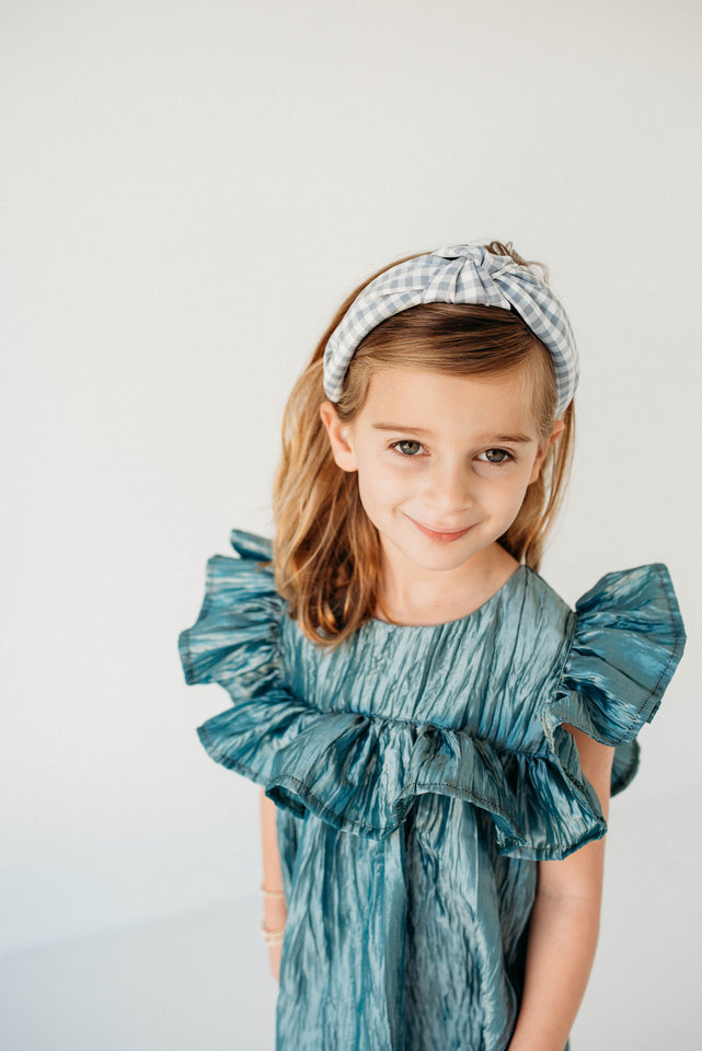 Little Girl's Shimmery Turquoise Ruffle Collar Shift Dress