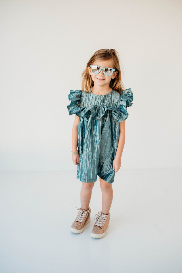 Little Girl's Shimmery Turquoise Ruffle Collar Shift Dress