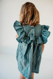 Little Girl's Shimmery Turquoise Ruffle Collar Shift Dress