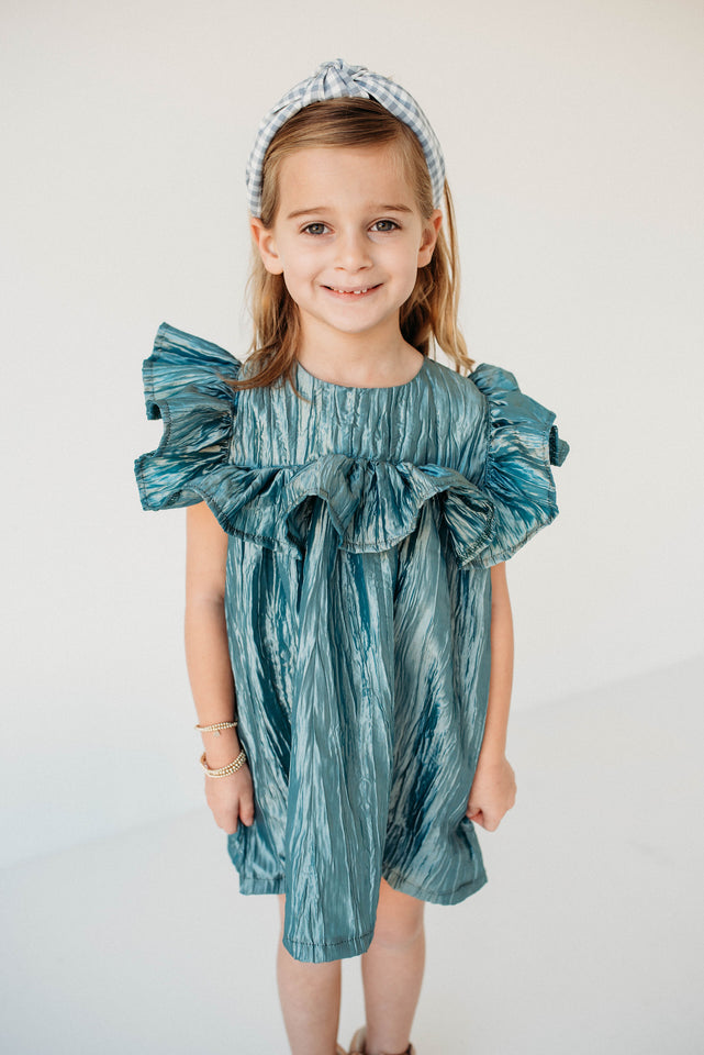 Little Girl's Shimmery Turquoise Ruffle Collar Shift Dress