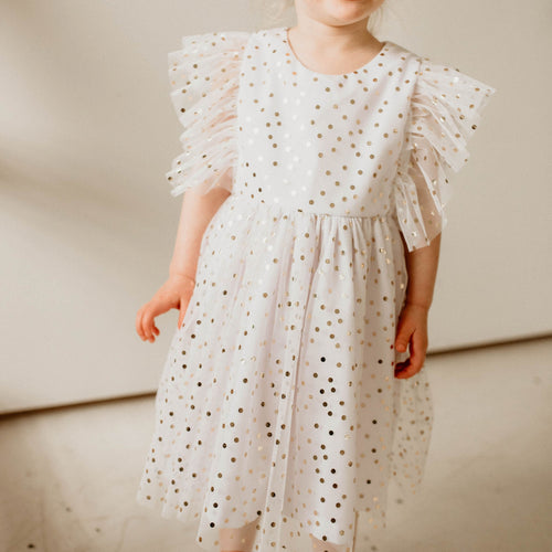 Little Girl's White and Gold Polka Dot Tulle Pinafore Dress