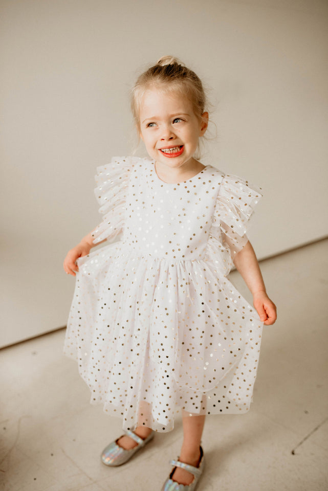 little girls white and gold party dress