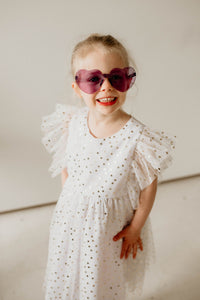Little Girl's White and Gold Polka Dot Tulle Pinafore Dress