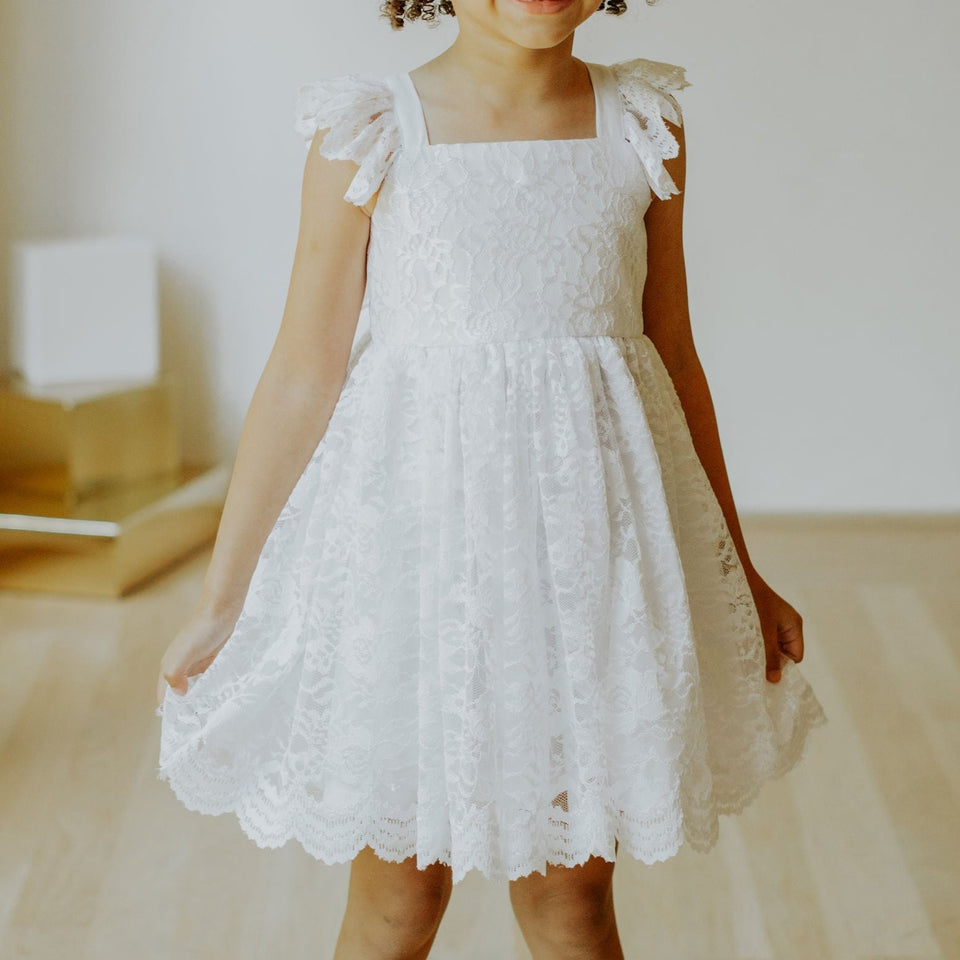little girls white lace scalloped edge flower girl dress