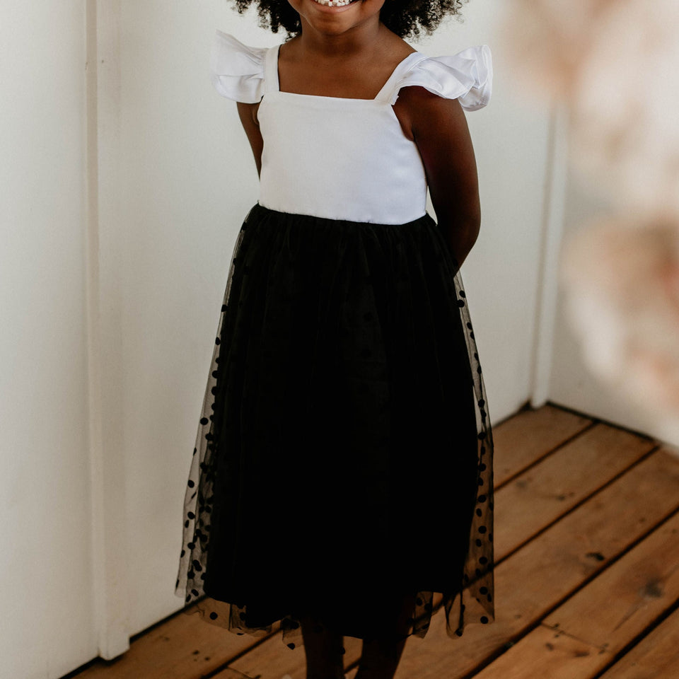 Little Girl's White Satin and Black Polka Dot Tulle Flower Girl Dress