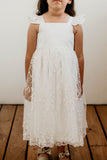 Little Girl's White Satin and White Floral Lace Flower Girl Dress