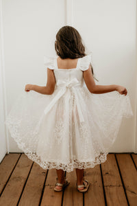 Little Girl's White Satin and White Floral Lace Flower Girl Dress