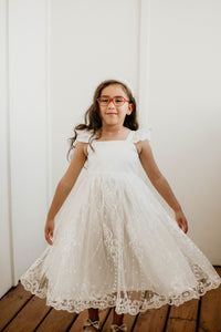 Little Girl's White Satin and White Floral Lace Flower Girl Dress