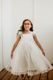 Little Girl's White Satin and White Floral Lace Flower Girl Dress