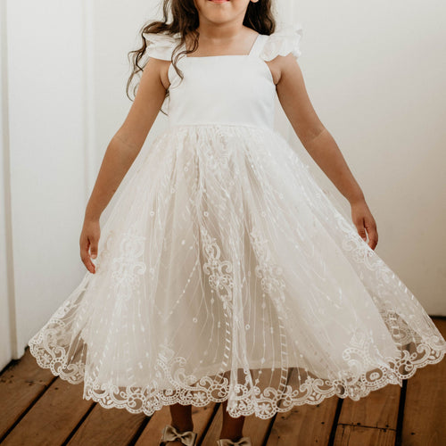 Little Girl's White Satin and White Floral Lace Flower Girl Dress