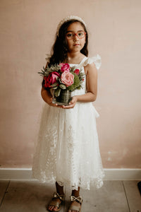 Little Girl's White Satin and White Floral Lace Flower Girl Dress