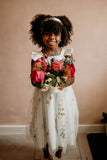 Little Girl's White Satin and Mint Floral Tulle Flower Girl Dress