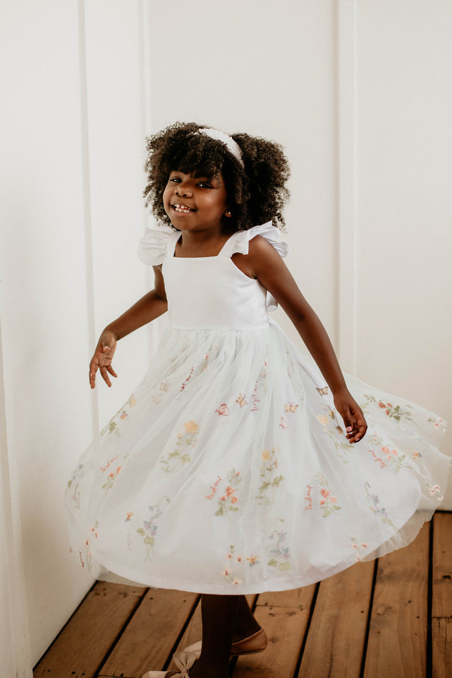 Little Girl's White Satin and Mint Floral Tulle Flower Girl Dress