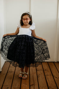 Little Girl's White Satin and Navy Floral Lace Flower Girl Dress