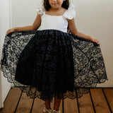 Little Girl's White Satin and Navy Floral Tulle Flower Girl Dress