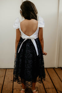 Little Girl's White Satin and Navy Floral Tulle Flower Girl Dress