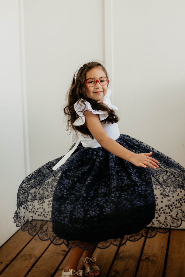 Little Girl's White Satin and Navy Floral Tulle Flower Girl Dress