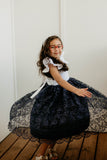 Little Girl's White Satin and Navy Floral Tulle Flower Girl Dress