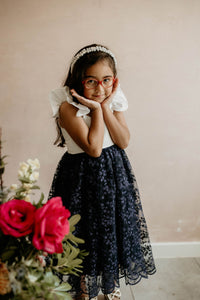 Little Girl's White Satin and Navy Floral Tulle Flower Girl Dress