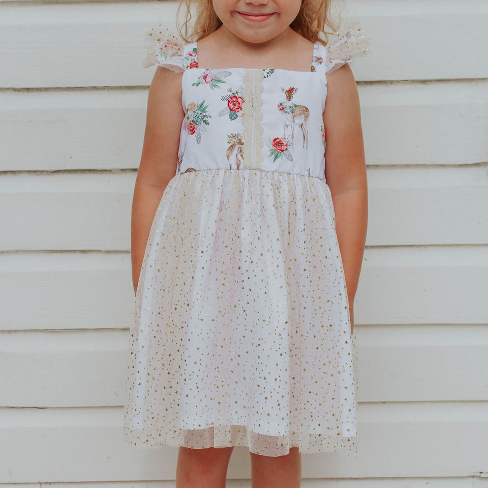 Little Girl's Woodland Creatures Wonderland Print Tulle Twirl Dress