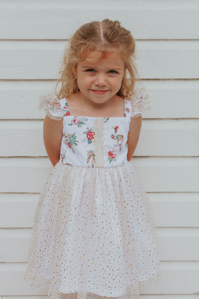 Little Girl's Woodland Creatures Wonderland Print Tulle Twirl Dress