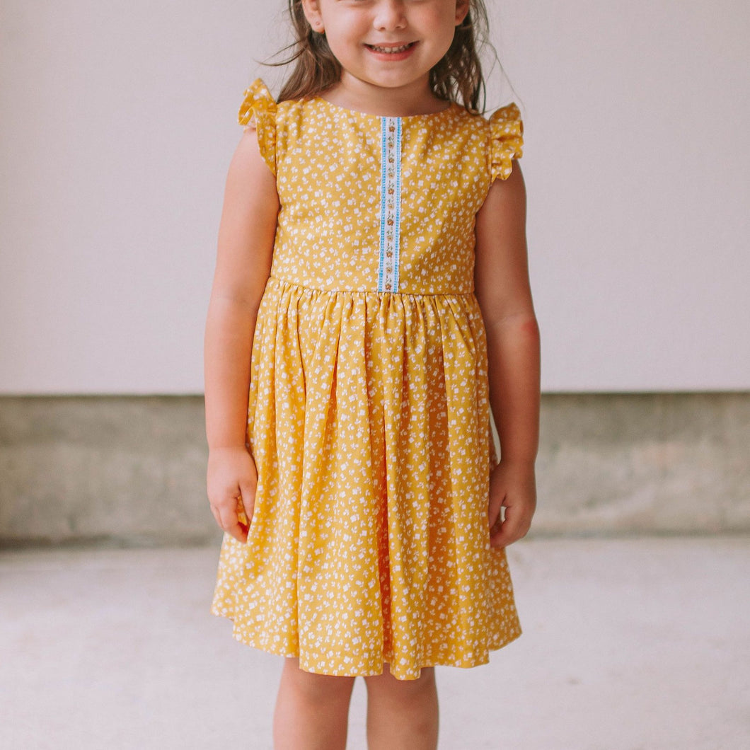 Little Girl's Yellow Ditsy Floral Twirl Dress with Blue Floral Trim