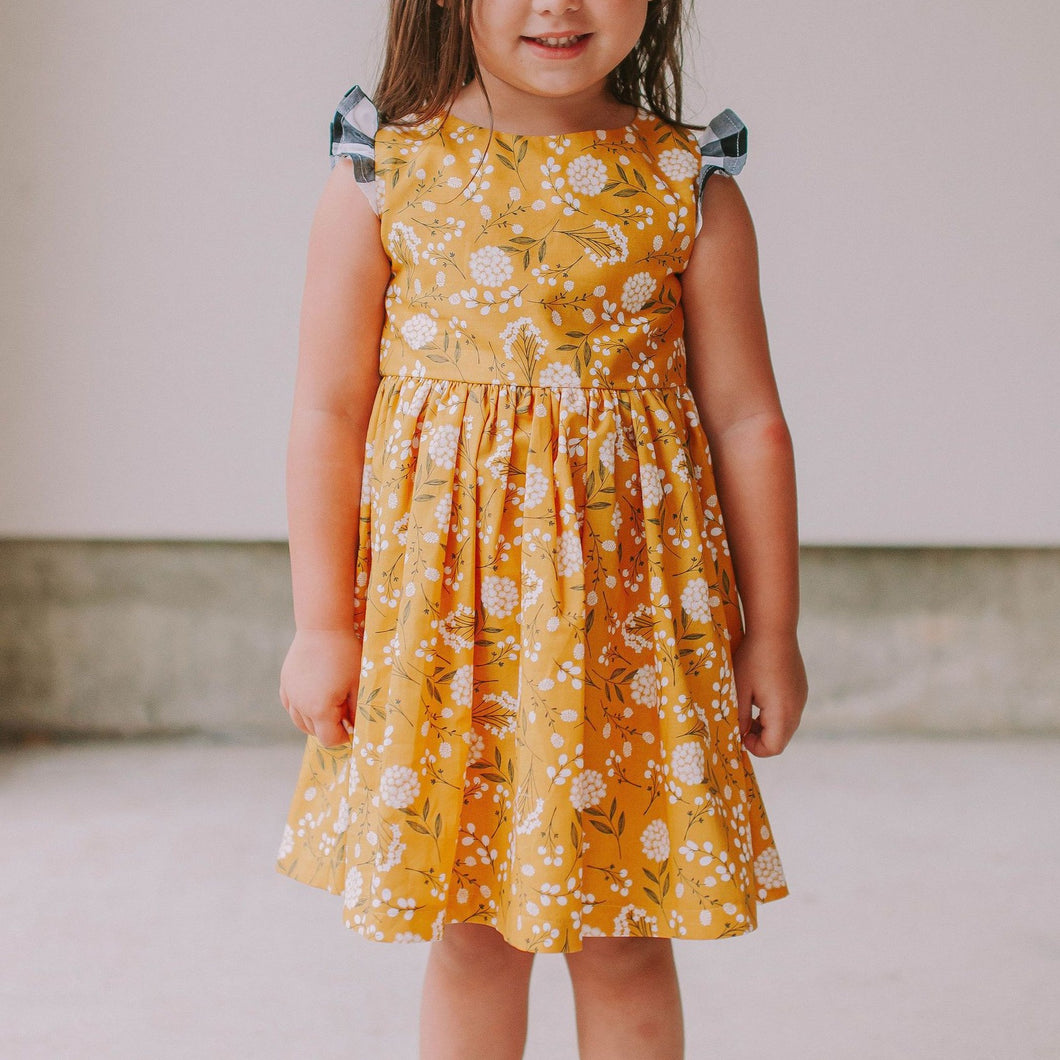 Little Girl's Yellow Floral Twirl Dress with Contrasting Flutter Sleeves