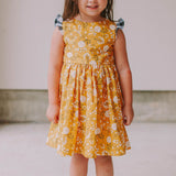 Little Girl's Yellow Floral Twirl Dress with Contrasting Flutter Sleeves