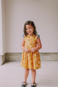 Little Girl's Yellow Floral Twirl Dress with Contrasting Flutter Sleeves