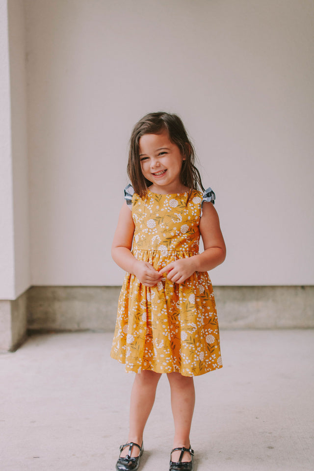 Little Girl's Yellow Floral Twirl Dress with Contrasting Flutter Sleeves