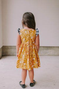 Little Girl's Yellow Floral Twirl Dress with Contrasting Flutter Sleeves