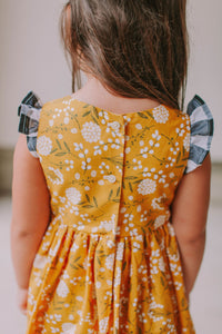 Little Girl's Yellow Floral Twirl Dress with Contrasting Flutter Sleeves