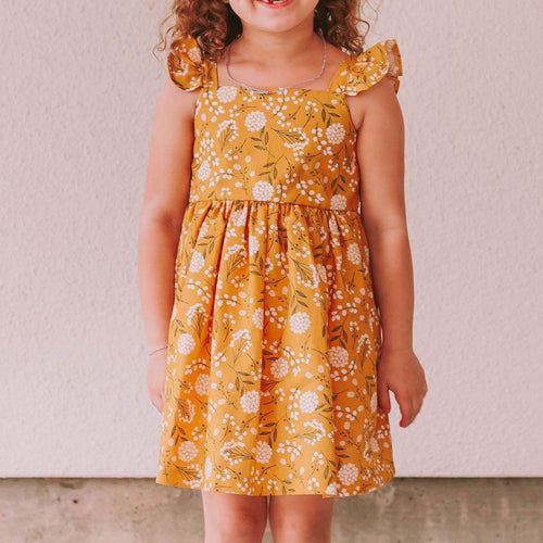 Little Girl's Yellow Mustard Floral Flutter Sleeve Sun Dress