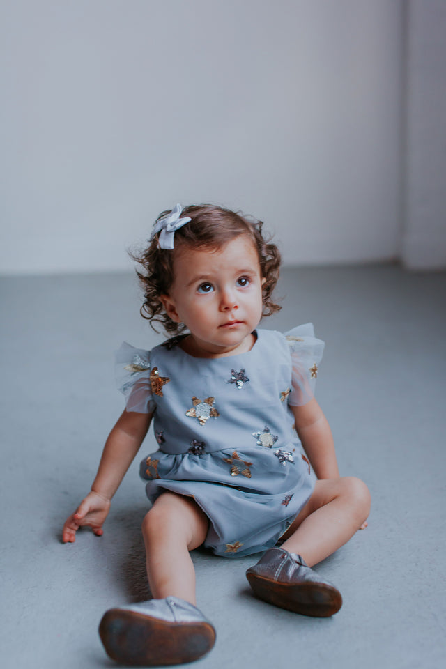 Infant Girl’s Sequin Star Gray Tulle Bubble Romper