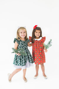 Little Girl's Green and Red Tartan Plaid Shift Dress with Peter Pan Collar